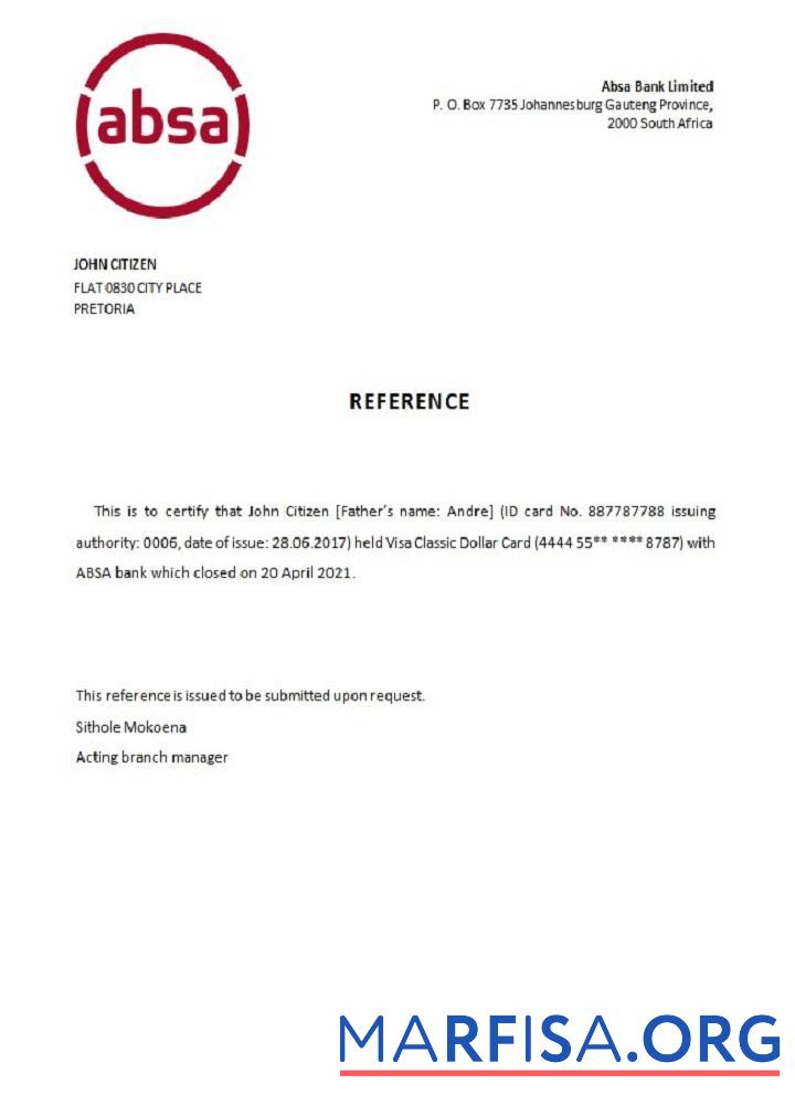 Realistic South Africa ABSA bank closure reference real example